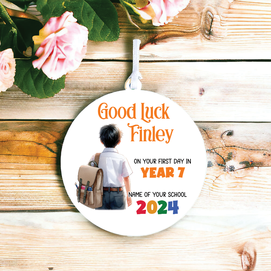 Personalised Back to School Good Luck Hanging Decoration with school child wearing backpack ready for first day of school - Keepsake Gift, by Floppsie Moppsie – floppsiemoppsie at floppsiemoppsie.co.uk