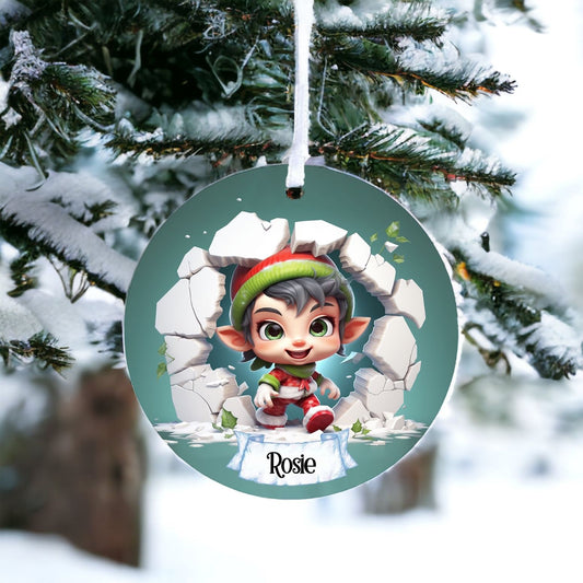 Personalised Elf B - Acrylic Bauble Christmas Tree Ornament Decoration Gift Keepsake