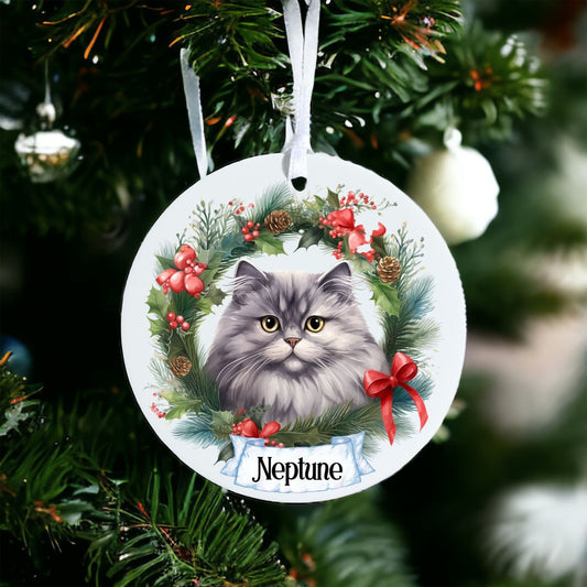 Personalised Pet Cat - Grey Persian - Acrylic Bauble Christmas Tree Ornament Decoration Gift Keepsake
