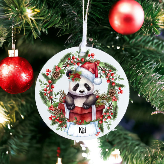 Personalised Panda Out Of Present - Acrylic Bauble Christmas Tree Ornament Decoration Gift Keepsake