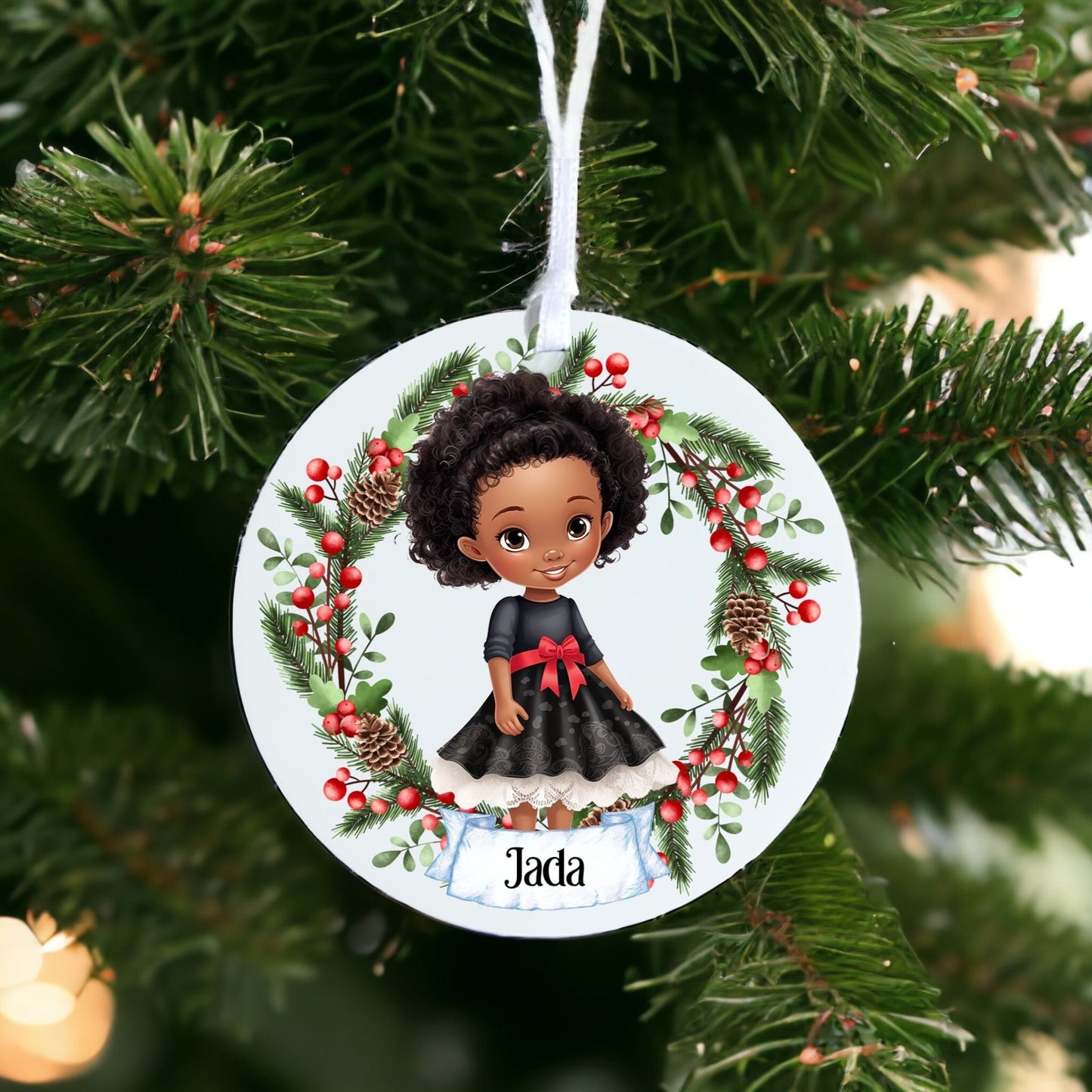 Personalised Cute Child In Black Dress C - Acrylic Bauble Christmas Tree Ornament Decoration Gift Keepsake
