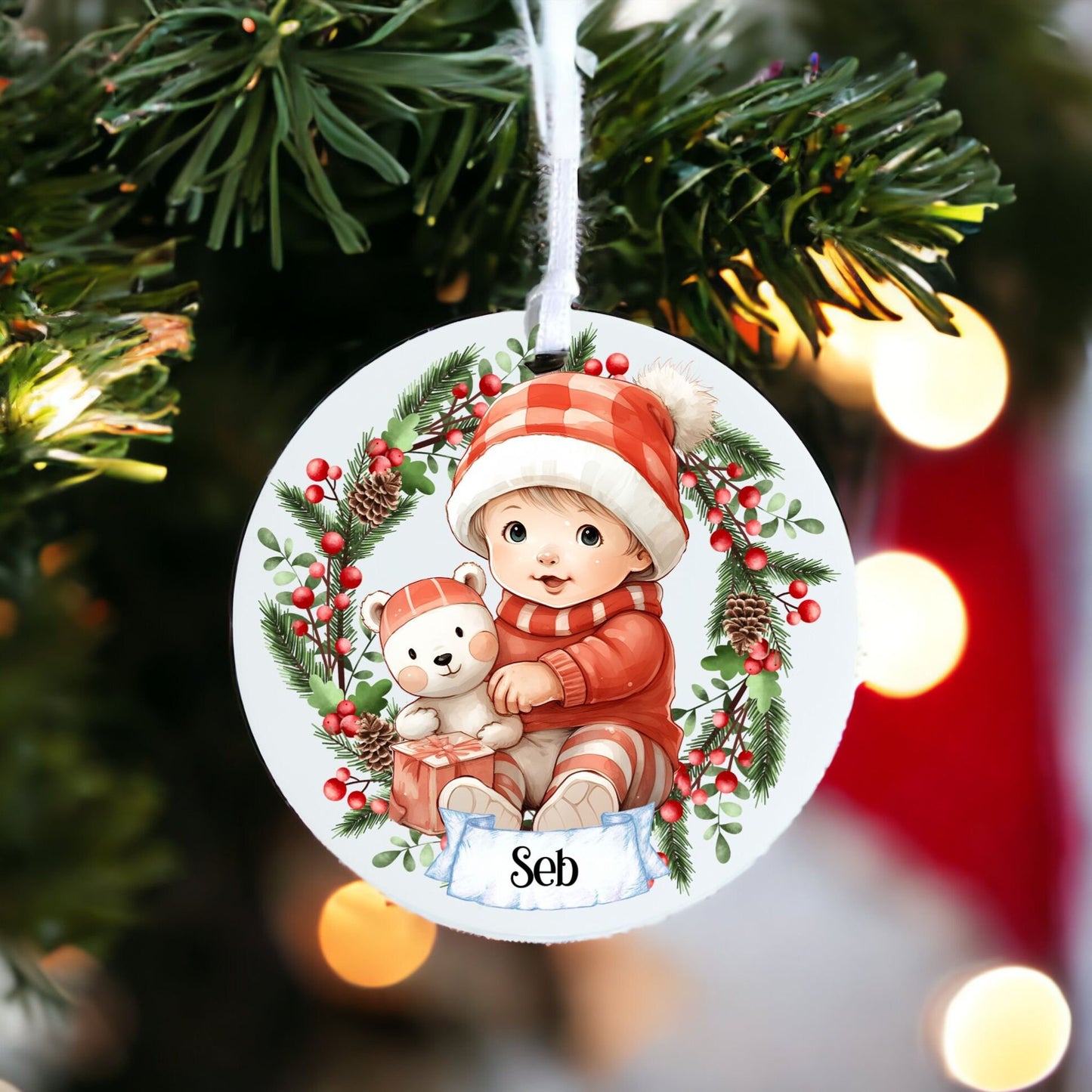 Personalised Cute Child In Red And White Bauble N - Acrylic Bauble Christmas Tree Ornament Decoration Gift Keepsake