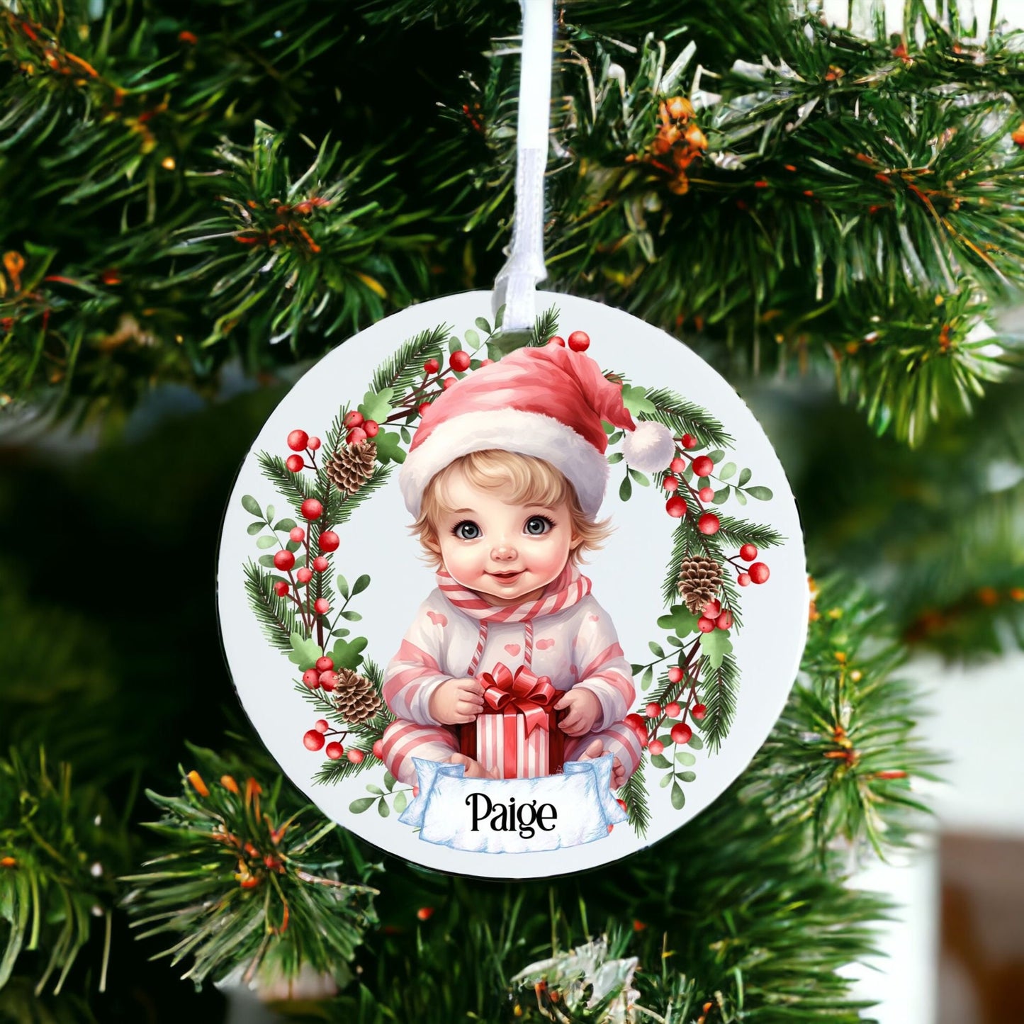 Personalised Cute Child In Red And White Bauble T - Acrylic Bauble Christmas Tree Ornament Decoration Gift Keepsake