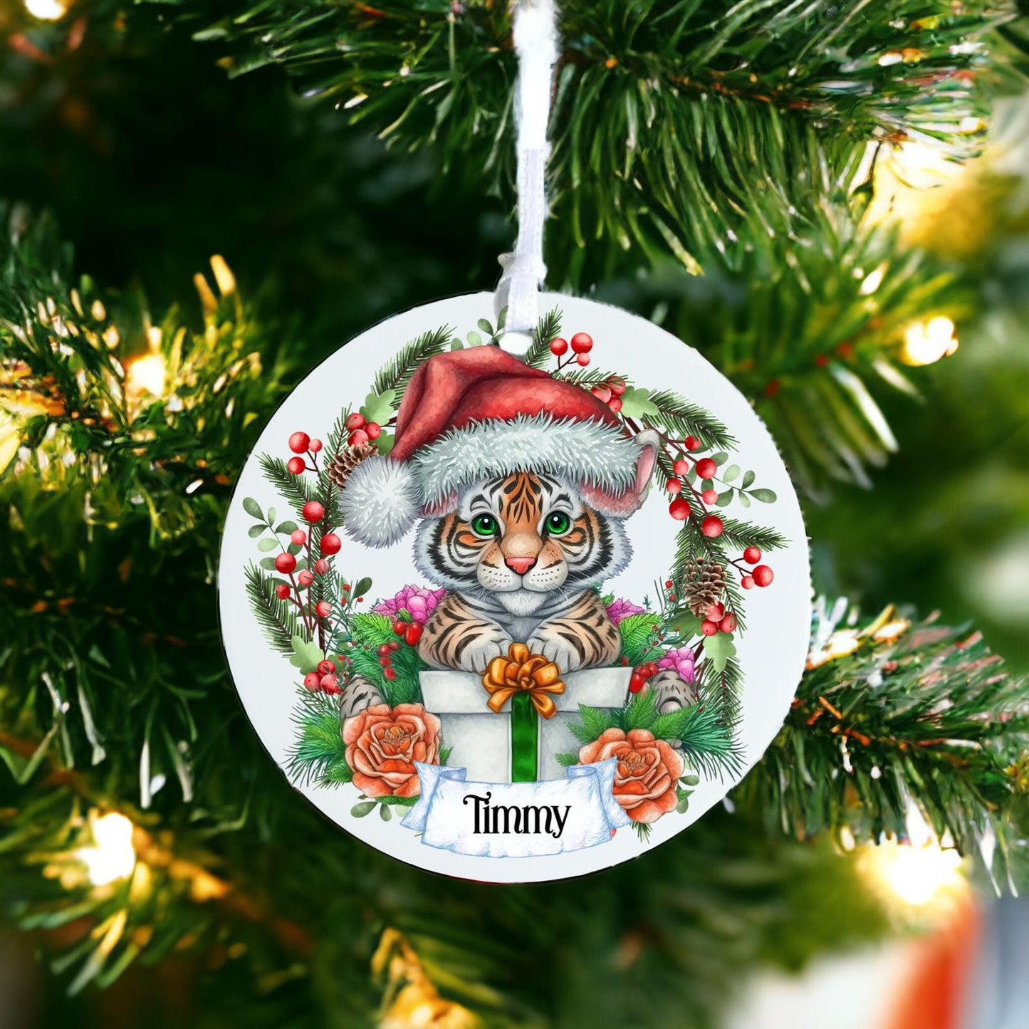 Personalised Tiger Out Of Present - Acrylic Bauble Christmas Tree Ornament Decoration Gift Keepsake