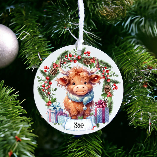 Personalised Cute Highland Cow D - Acrylic Bauble Christmas Tree Ornament Decoration Gift Keepsake