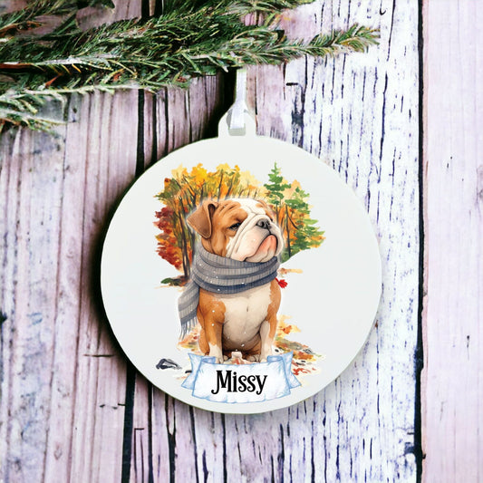 Personalised Watercolour Bulldog on Winter Walk - Acrylic Ornament Decoration Gift Keepsake