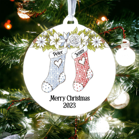 Personalised Stocking Family with Two Names - Acrylic Bauble Christmas Tree Ornament Decoration Gift Keepsake