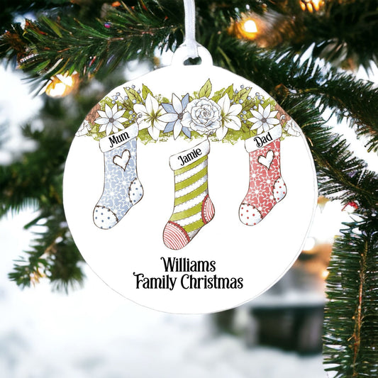 Personalised Stocking Family with Three Names - Acrylic Bauble Christmas Tree Ornament Decoration Gift Keepsake