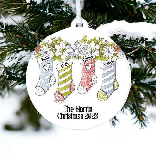 Personalised Stocking Family with Four Names - Acrylic Bauble Christmas Tree Ornament Decoration Gift Keepsake