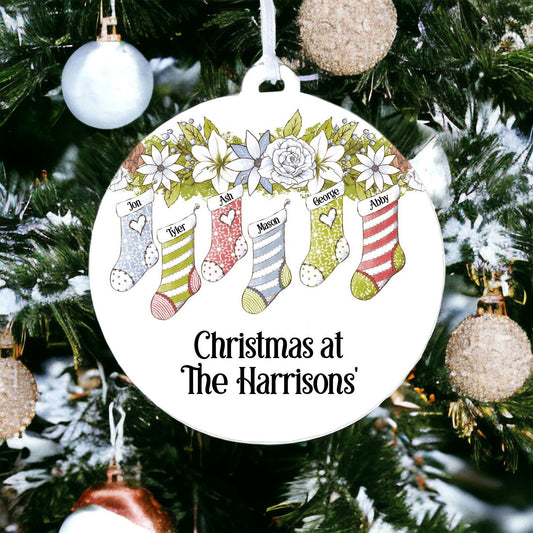 Personalised Stocking Family with Six Names - Acrylic Bauble Christmas Tree Ornament Decoration Gift Keepsake