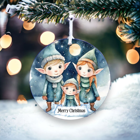 Personalised Elf Family Winter Starry Night Decoration - Acrylic Bauble Christmas Tree Ornament Gift Keepsake
