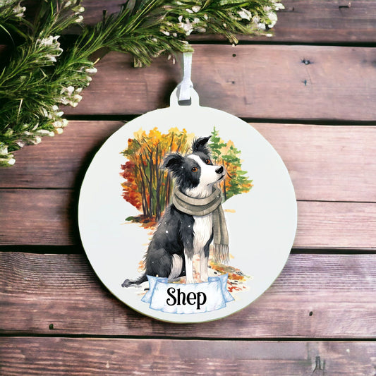 Personalised Watercolour Border Collie Dog on Winter Walk - Acrylic Ornament Decoration Gift Keepsake
