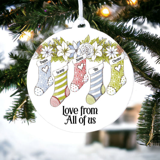 Personalised Stocking Family with Five Names - Acrylic Bauble Christmas Tree Ornament Decoration Gift Keepsake