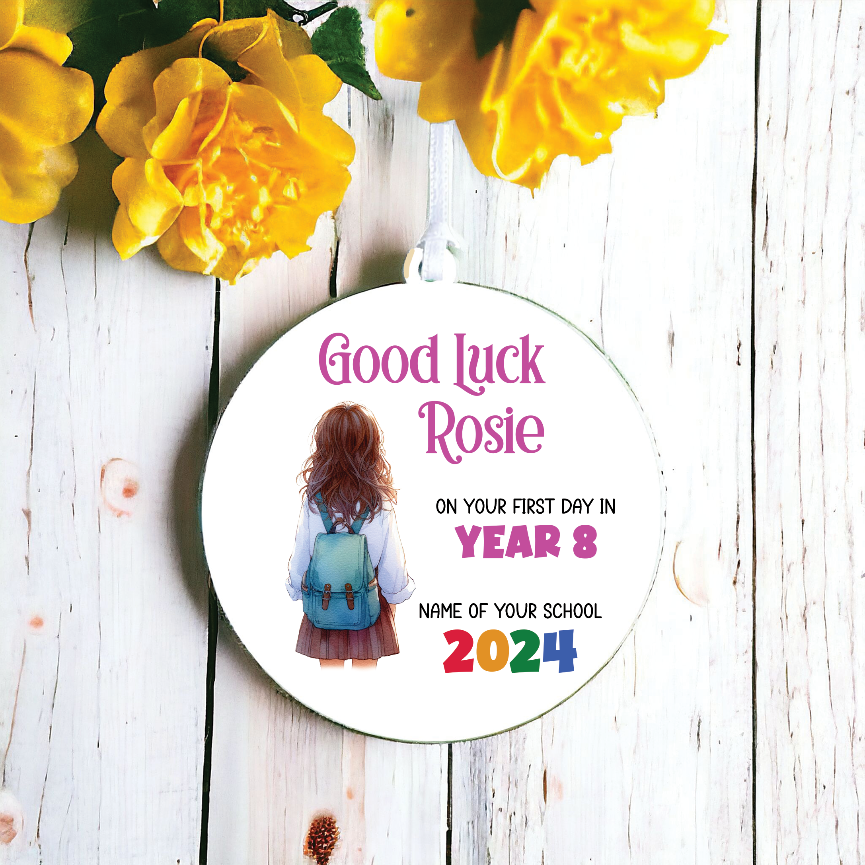 Personalised Back to School Good Luck Hanging Decoration with school child wearing backpack ready for first day of school - Keepsake Gift, by Floppsie Moppsie – floppsiemoppsie at floppsiemoppsie.co.uk