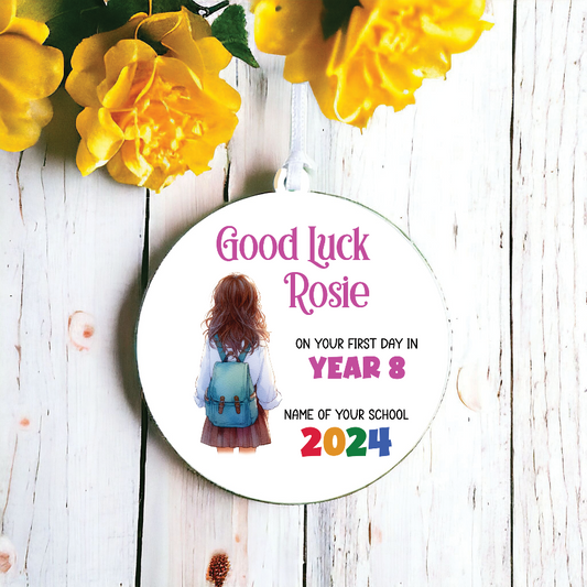 Personalised Back to School Good Luck Hanging Decoration with school child wearing backpack ready for first day of school - Keepsake Gift, by Floppsie Moppsie – floppsiemoppsie at floppsiemoppsie.co.uk