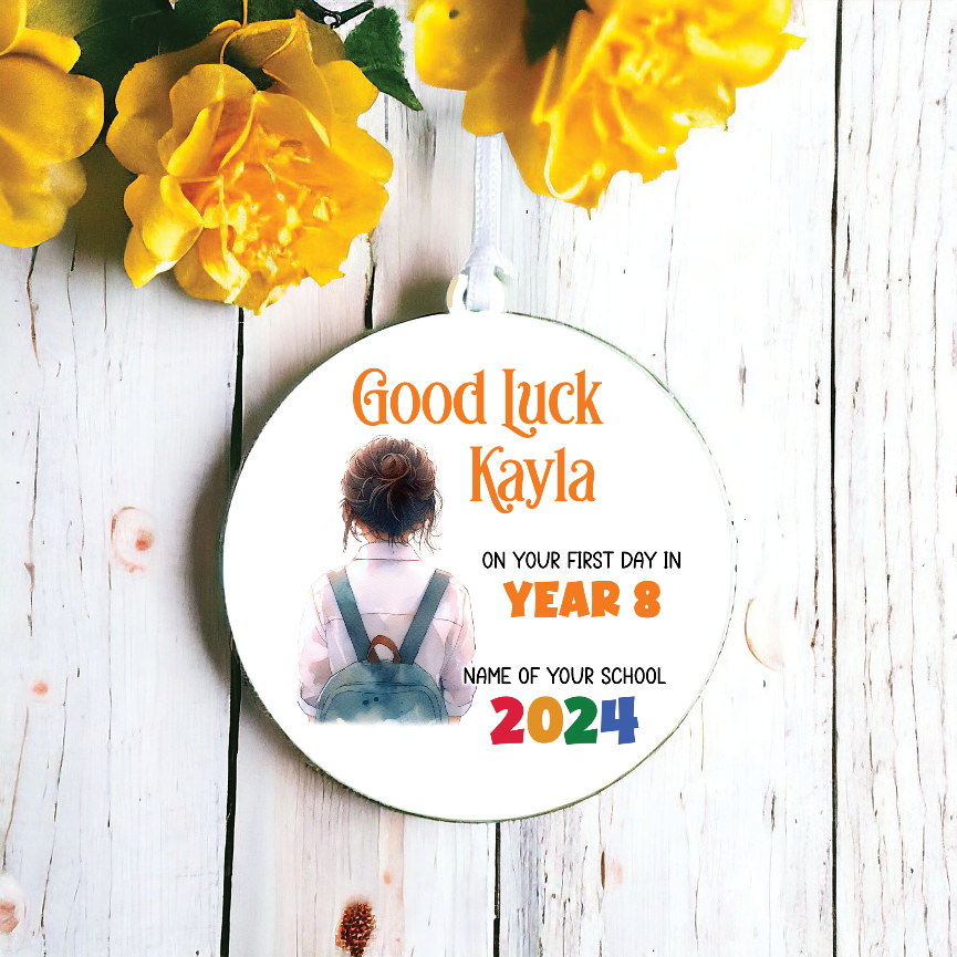 Personalised Back to School Good Luck Hanging Decoration with school child wearing backpack ready for first day of school - Keepsake Gift, by Floppsie Moppsie – floppsiemoppsie at floppsiemoppsie.co.uk
