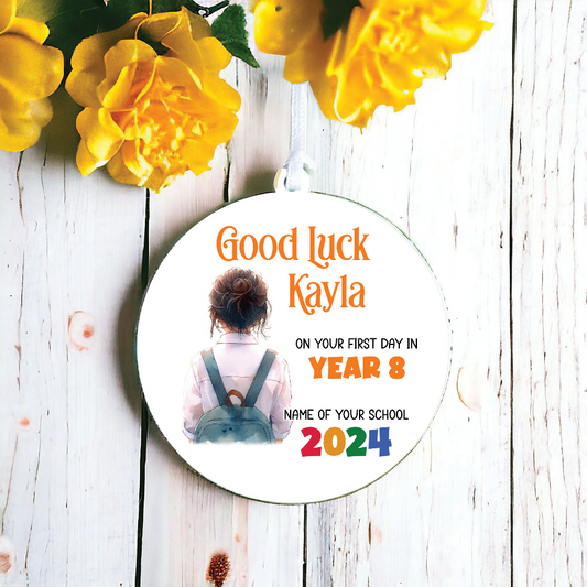 Personalised Back to School Good Luck Hanging Decoration with school child wearing backpack ready for first day of school - Keepsake Gift, by Floppsie Moppsie – floppsiemoppsie at floppsiemoppsie.co.uk
