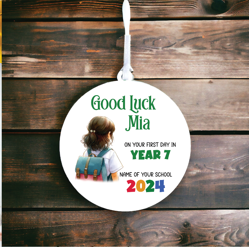 Personalised Back to School Good Luck Hanging Decoration with school child wearing backpack ready for first day of school - Keepsake Gift, by Floppsie Moppsie – floppsiemoppsie at floppsiemoppsie.co.uk