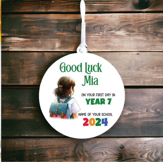 Personalised Back to School Good Luck Hanging Decoration with school child wearing backpack ready for first day of school - Keepsake Gift, by Floppsie Moppsie – floppsiemoppsie at floppsiemoppsie.co.uk