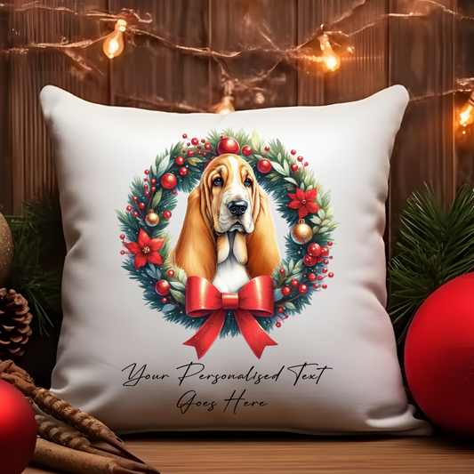 Personalised Bassett Hound in a Christmas wreath - Keepsake Gift cushion, by Floppsie Moppsie – floppsiemoppsie at floppsiemoppsie.co.uk