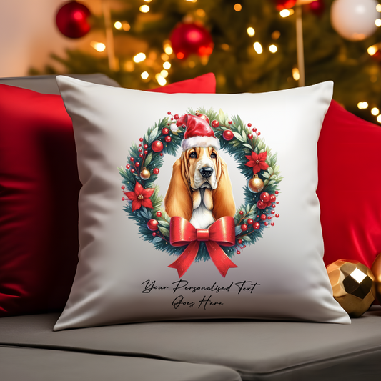 Personalised Basset Hound with Santa hat in a Christmas wreath - Keepsake Gift cushion, by Floppsie Moppsie – floppsiemoppsie at floppsiemoppsie.co.uk
