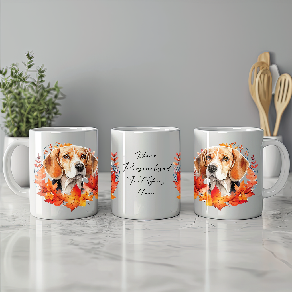 Personalised Beagle in an Autumn wreath - Keepsake Mug, ideal gift for Birthday and Christmas Gift, by Floppsie Moppsie – floppsiemoppsie at floppsiemoppsie.co.uk