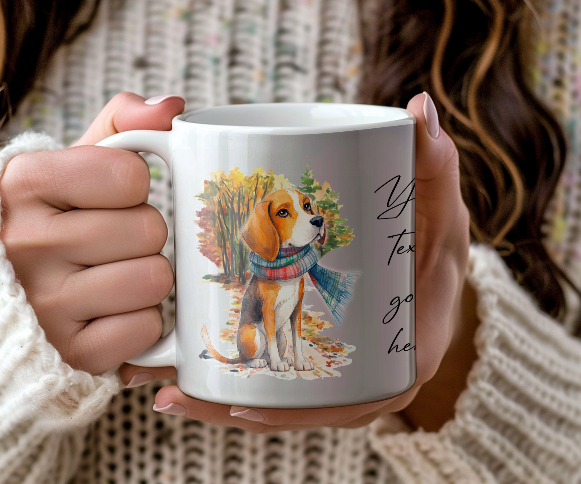 Personalised Beagle Pet Dog Gift Mug wearing an Autumn scarf on a walk, by Floppsie Moppsie – floppsiemoppsie at floppsiemoppsie.co.uk