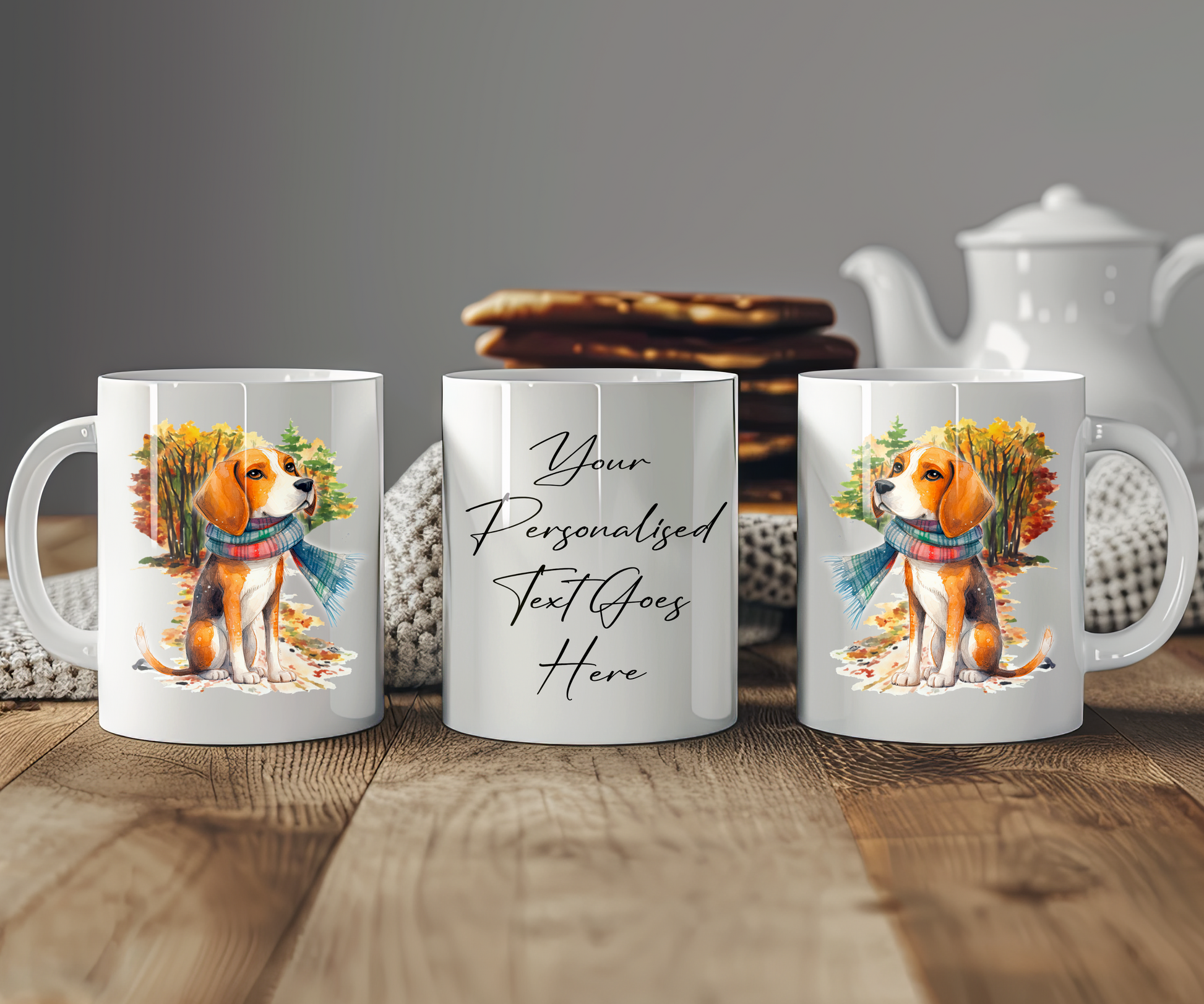 Personalised Beagle Pet Dog Gift Mug wearing an Autumn scarf on a walk, by Floppsie Moppsie – floppsiemoppsie at floppsiemoppsie.co.uk