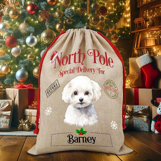 Personalised Dog Bichon Frise – North Pole Special Delivery Santa Sack Pet Gift, by Floppsie Moppsie – floppsiemoppsie at floppsiemoppsie.co.uk