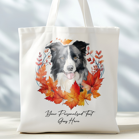 Personalised Dog Autumn Wreath Border Collie Tote Bag