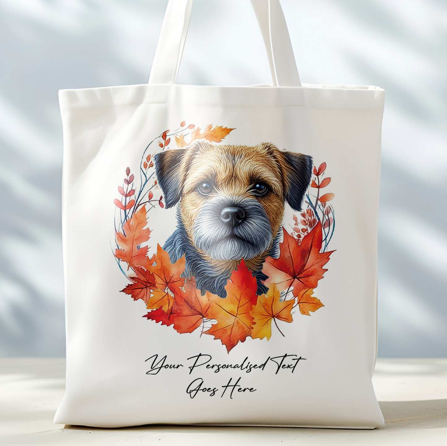 Personalised Dog Autumn Wreath Blue and Tan Border Terrier Tote Bag