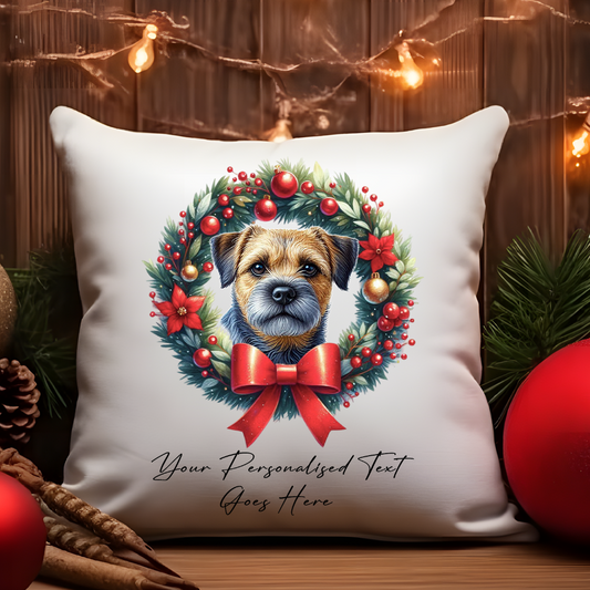 Personalised Border Terrier in a Christmas wreath - Keepsake Gift cushion, by Floppsie Moppsie – floppsiemoppsie at floppsiemoppsie.co.uk