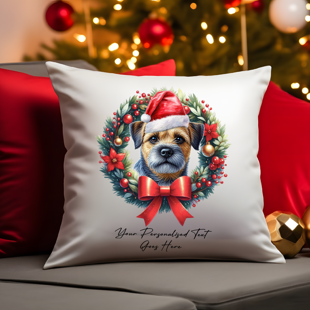 Personalised Blue and Tan Border Terrier with Santa Hat in a Christmas wreath - Keepsake Gift cushion, by Floppsie Moppsie – floppsiemoppsie at floppsiemoppsie.co.uk