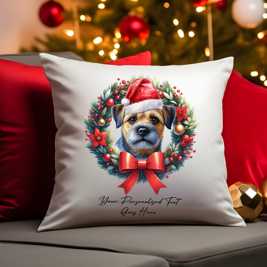 Personalised Blue and Tan Border Terrier with Santa Hat in a Christmas wreath - Keepsake Gift cushion, by Floppsie Moppsie – floppsiemoppsie at floppsiemoppsie.co.uk