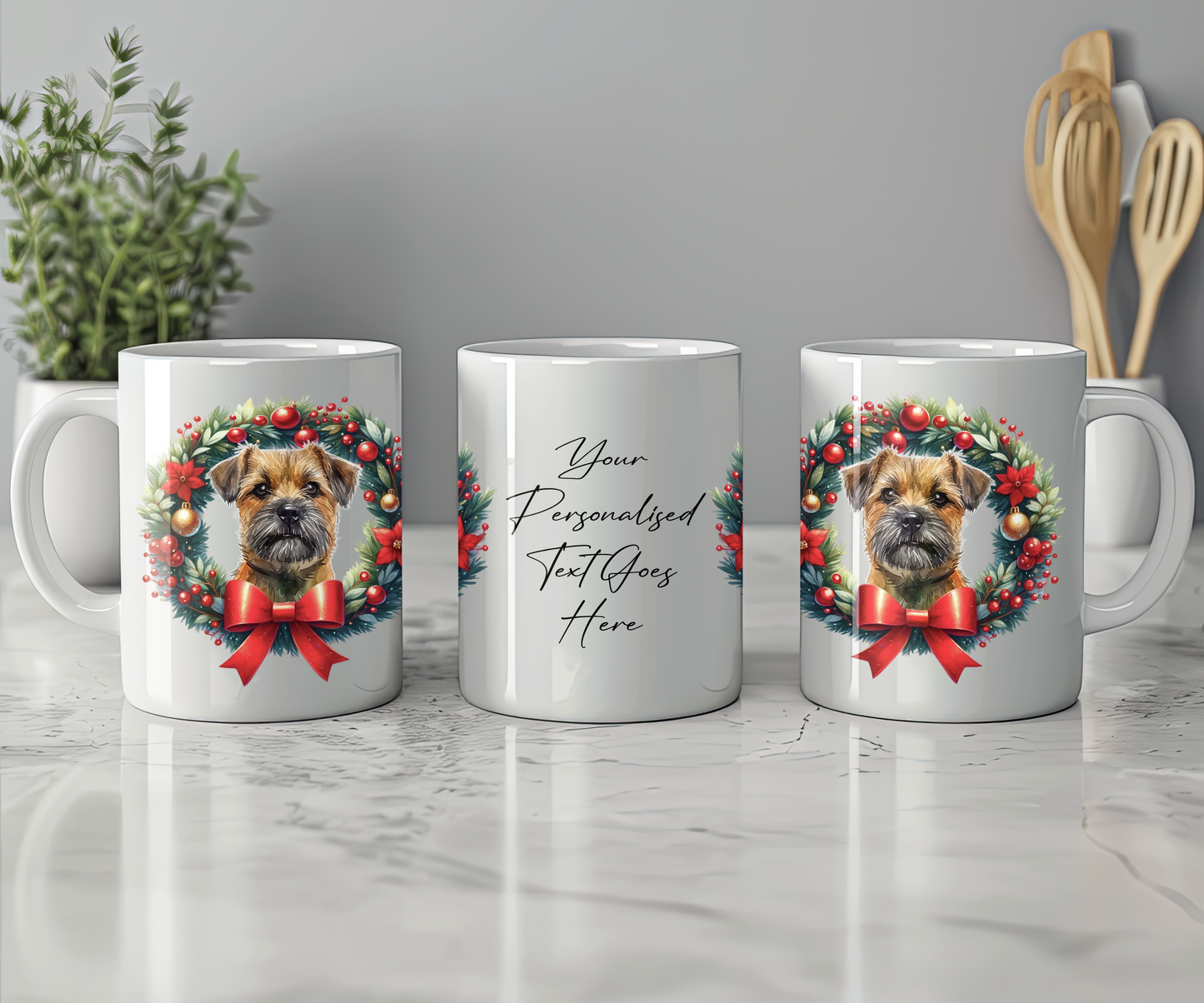 Personalised Border Terrier Dog Christmas Wreath Gift Mug