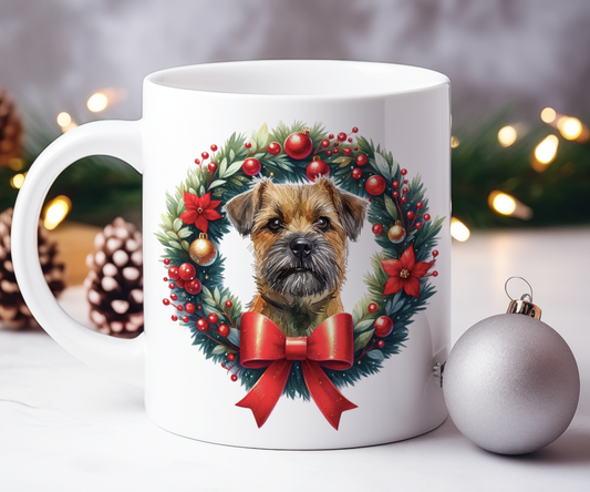 Personalised Border Terrier Dog Christmas Wreath Gift Mug