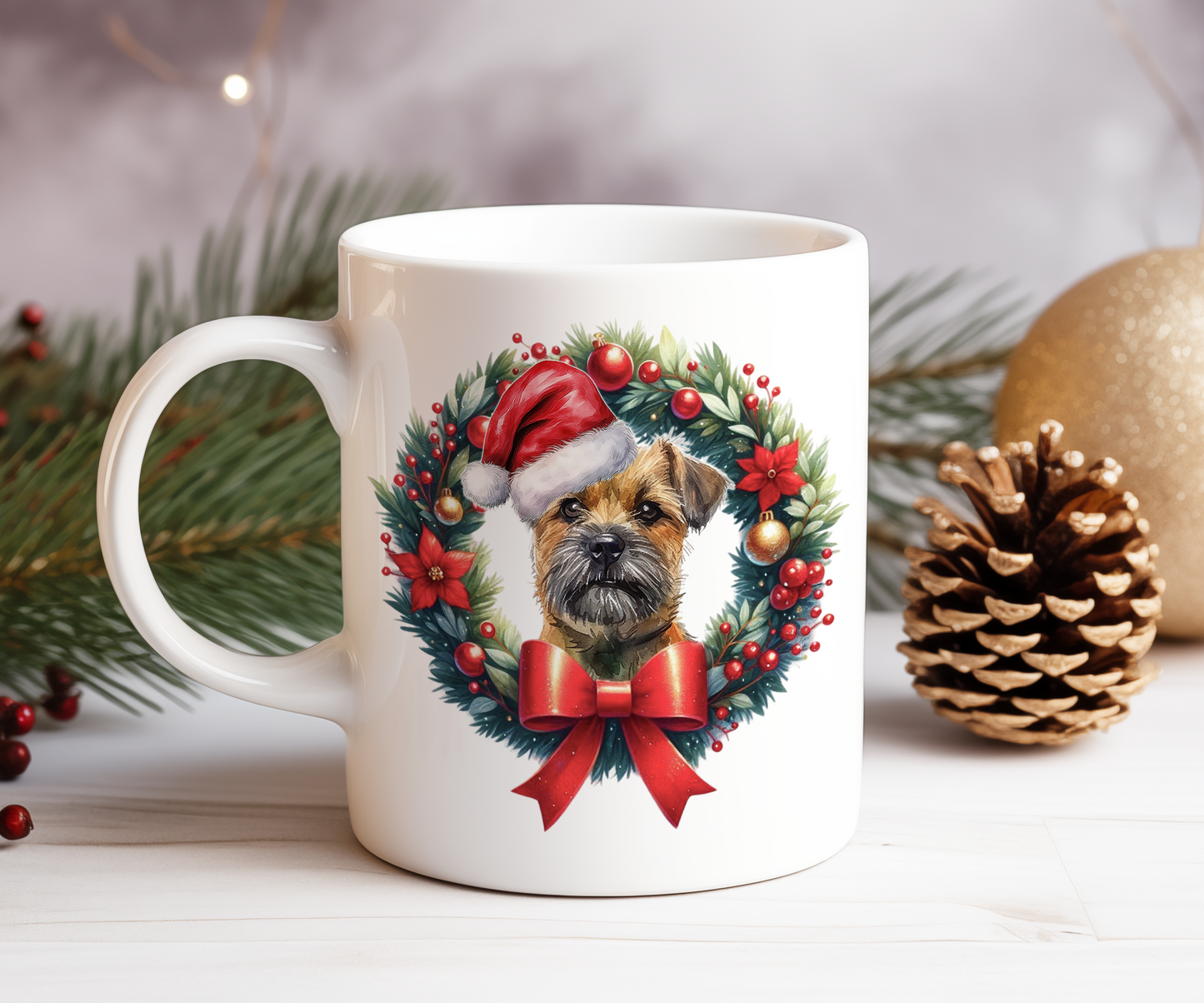 Personalised Border Terrier Dog Christmas Wreath Gift Mug