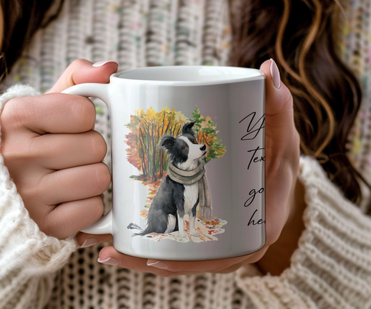 Personalised Border Collie Pet Dog Gift Mug wearing an Autumn scarf on a walk, by Floppsie Moppsie – floppsiemoppsie at floppsiemoppsie.co.uk
