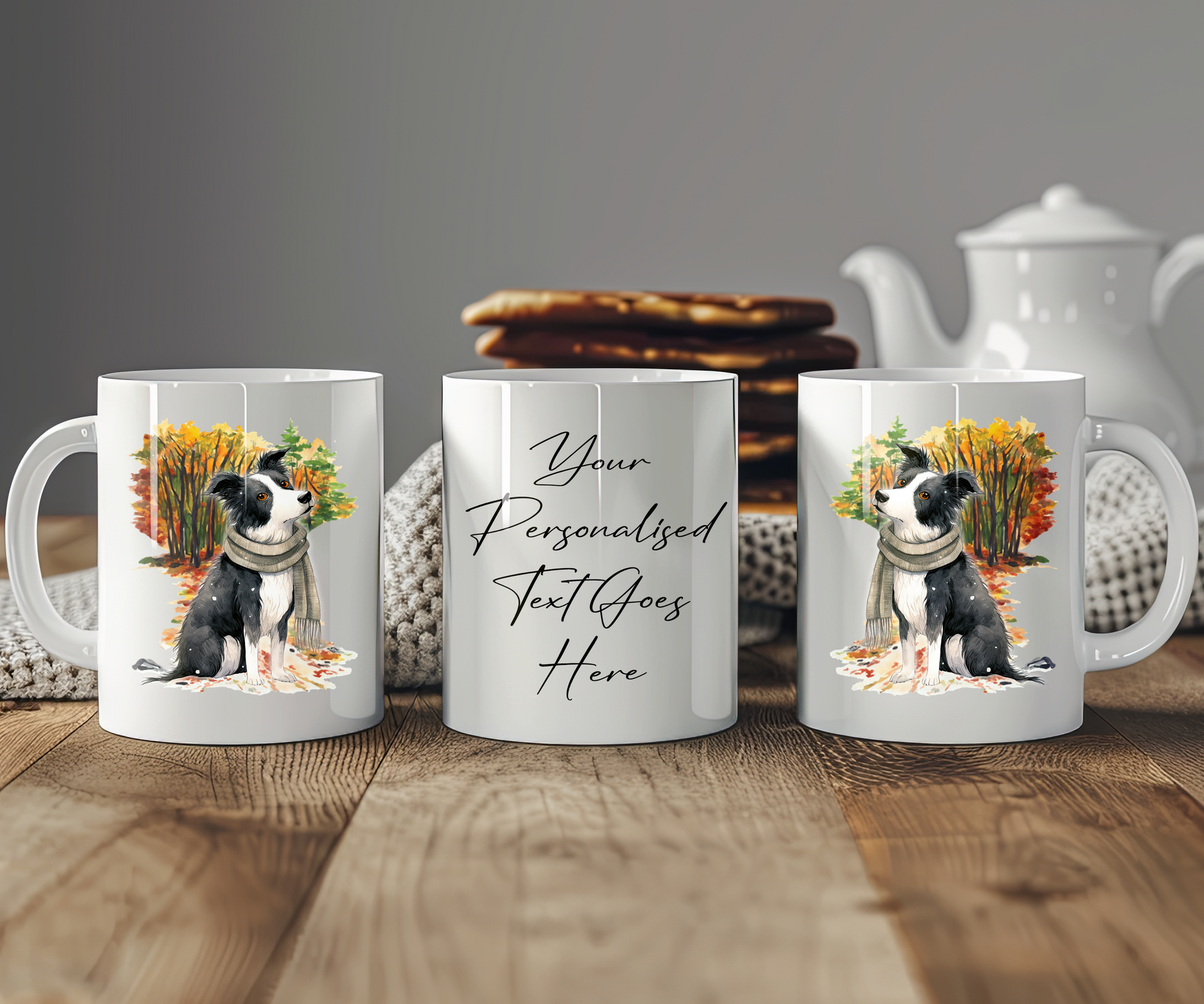 Personalised Border Collie Pet Dog Gift Mug wearing an Autumn scarf on a walk, by Floppsie Moppsie – floppsiemoppsie at floppsiemoppsie.co.uk