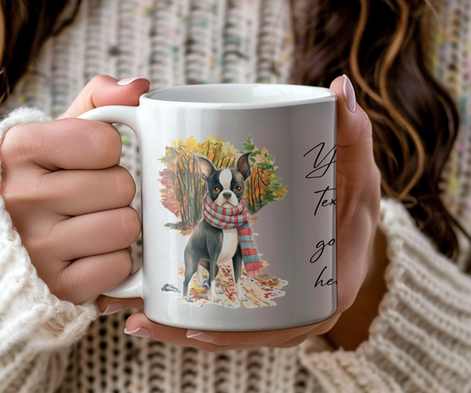 Personalised Boston Terrier Pet Dog Gift Mug wearing an Autumn scarf on a walk, by Floppsie Moppsie – floppsiemoppsie at floppsiemoppsie.co.uk