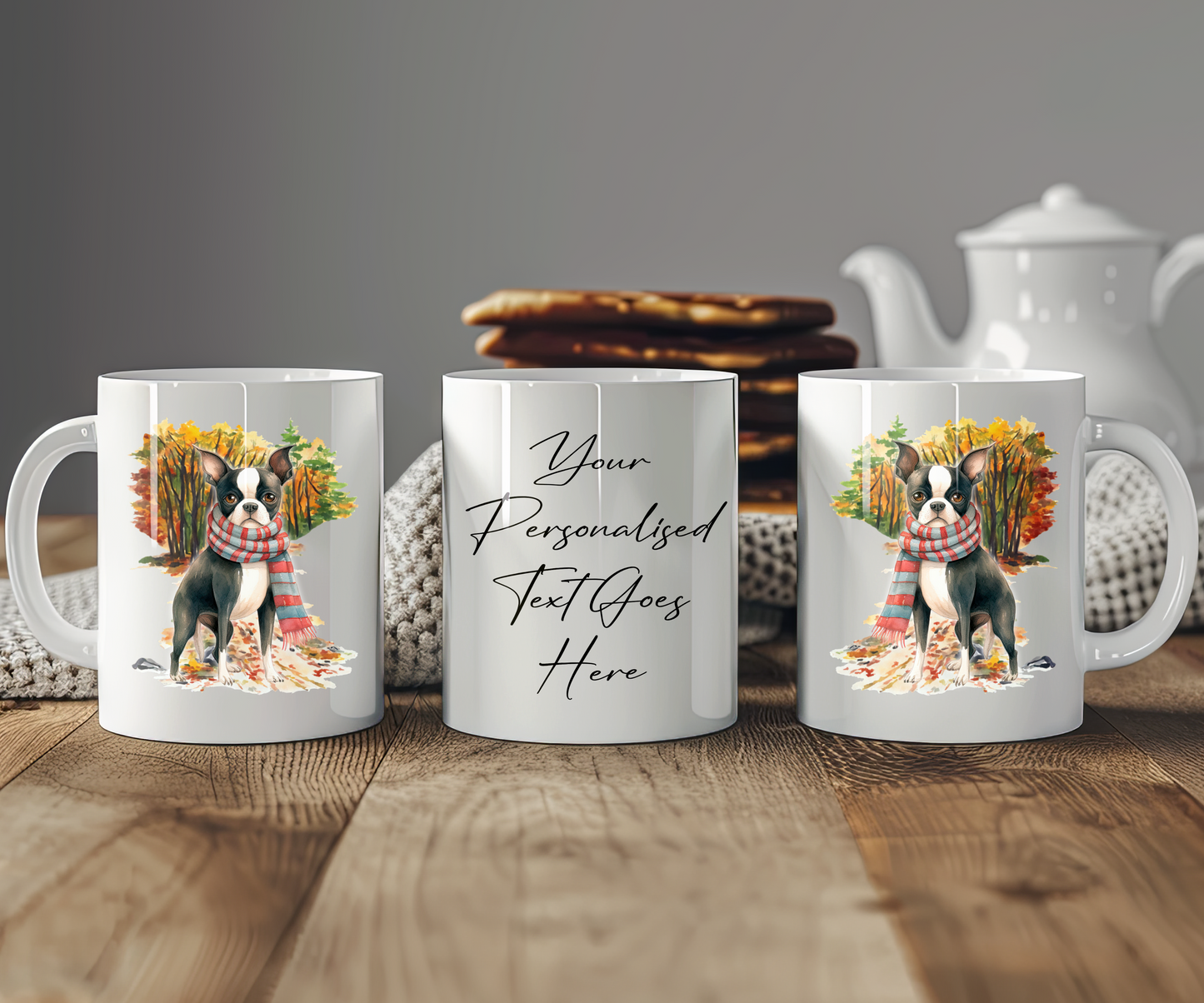 Personalised Boston Terrier Pet Dog Gift Mug wearing an Autumn scarf on a walk, by Floppsie Moppsie – floppsiemoppsie at floppsiemoppsie.co.uk