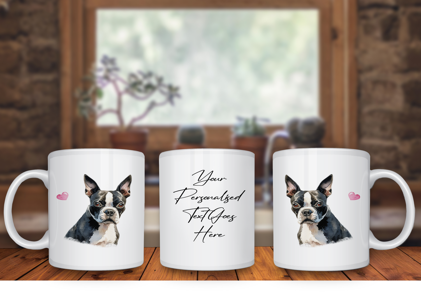 Personalised Dog Gift Mug - Boston Terrier with Custom Message and Optional Hearts
