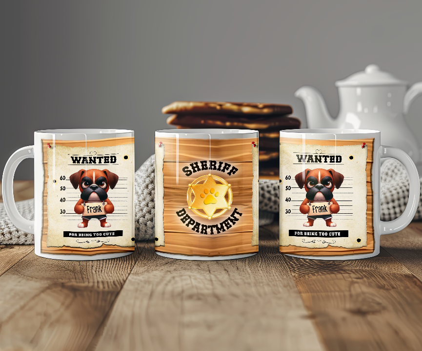 Personalised WANTED Pet Dog mug of a cute Boxer on a wanted poster - Keepsake Gift, by Floppsie Moppsie – floppsiemoppsie at floppsiemoppsie.co.uk