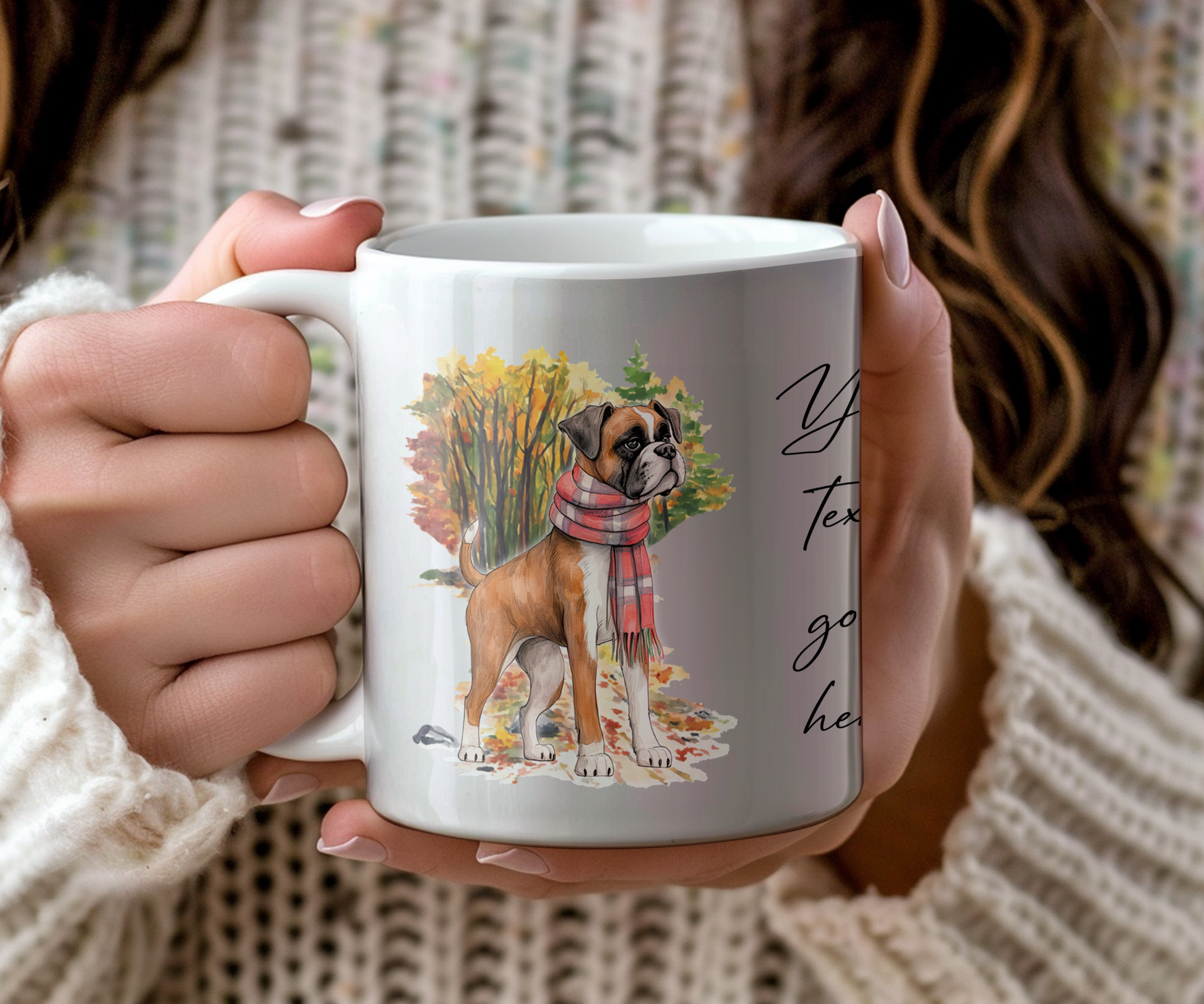 Personalised Boxer Pet Dog Gift Mug wearing an Autumn scarf on a walk, by Floppsie Moppsie – floppsiemoppsie at floppsiemoppsie.co.uk