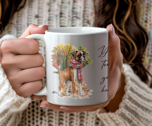 Personalised Boxer Pet Dog Gift Mug wearing an Autumn scarf on a walk, by Floppsie Moppsie – floppsiemoppsie at floppsiemoppsie.co.uk