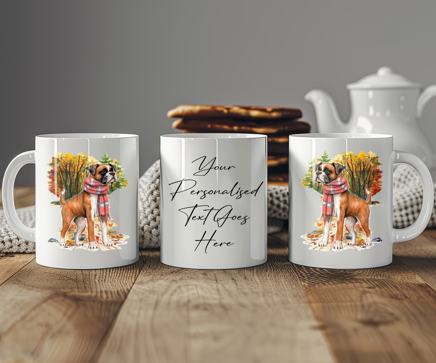 Personalised Boxer Pet Dog Gift Mug wearing an Autumn scarf on a walk, by Floppsie Moppsie – floppsiemoppsie at floppsiemoppsie.co.uk