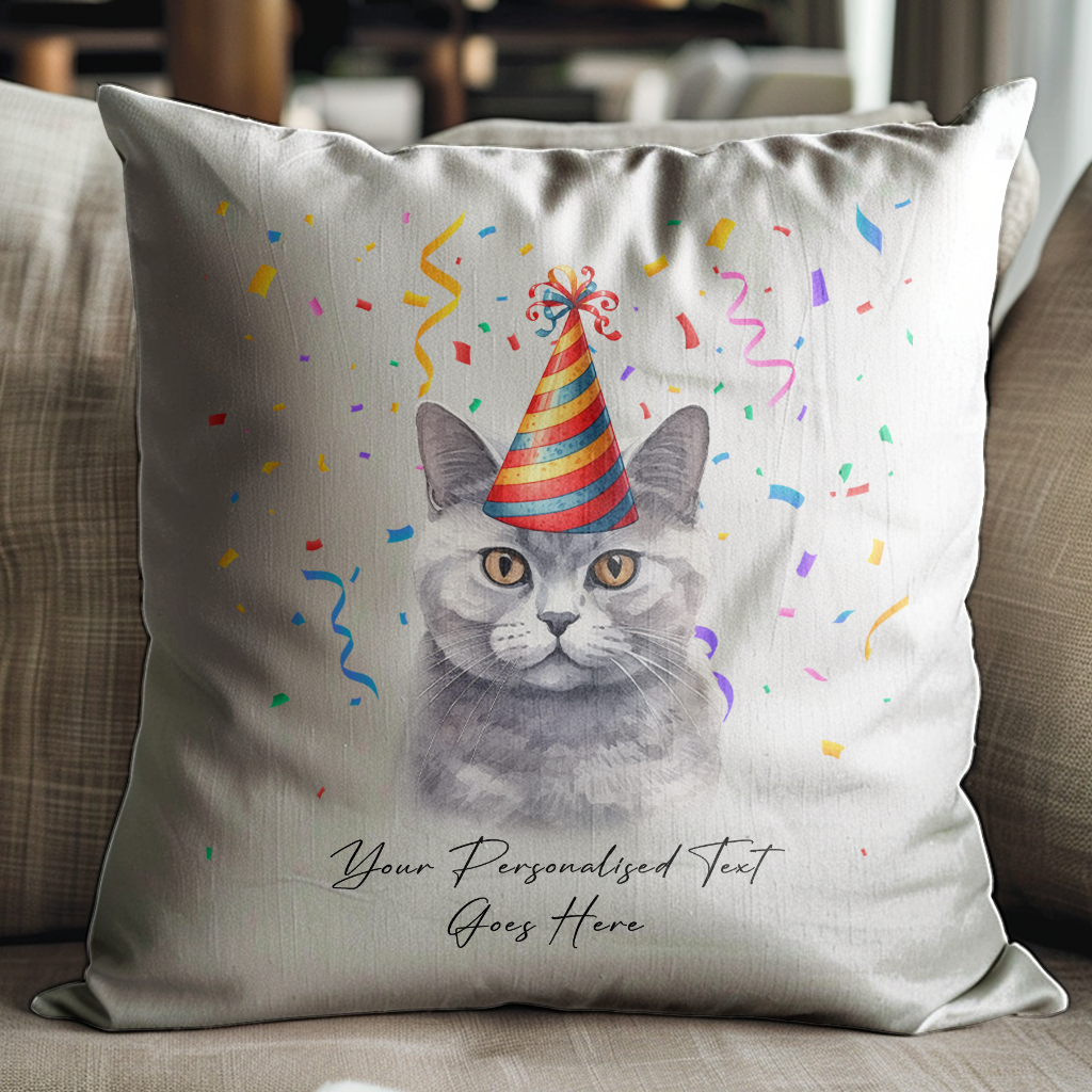 Personalised British Shorthair Birthday Party Hat Cat - Cushion Cover Gift