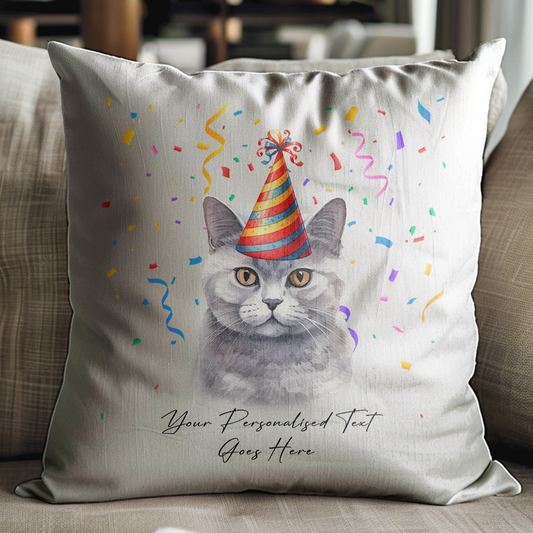 Personalised British Shorthair Birthday Party Hat Cat - Cushion Cover Gift
