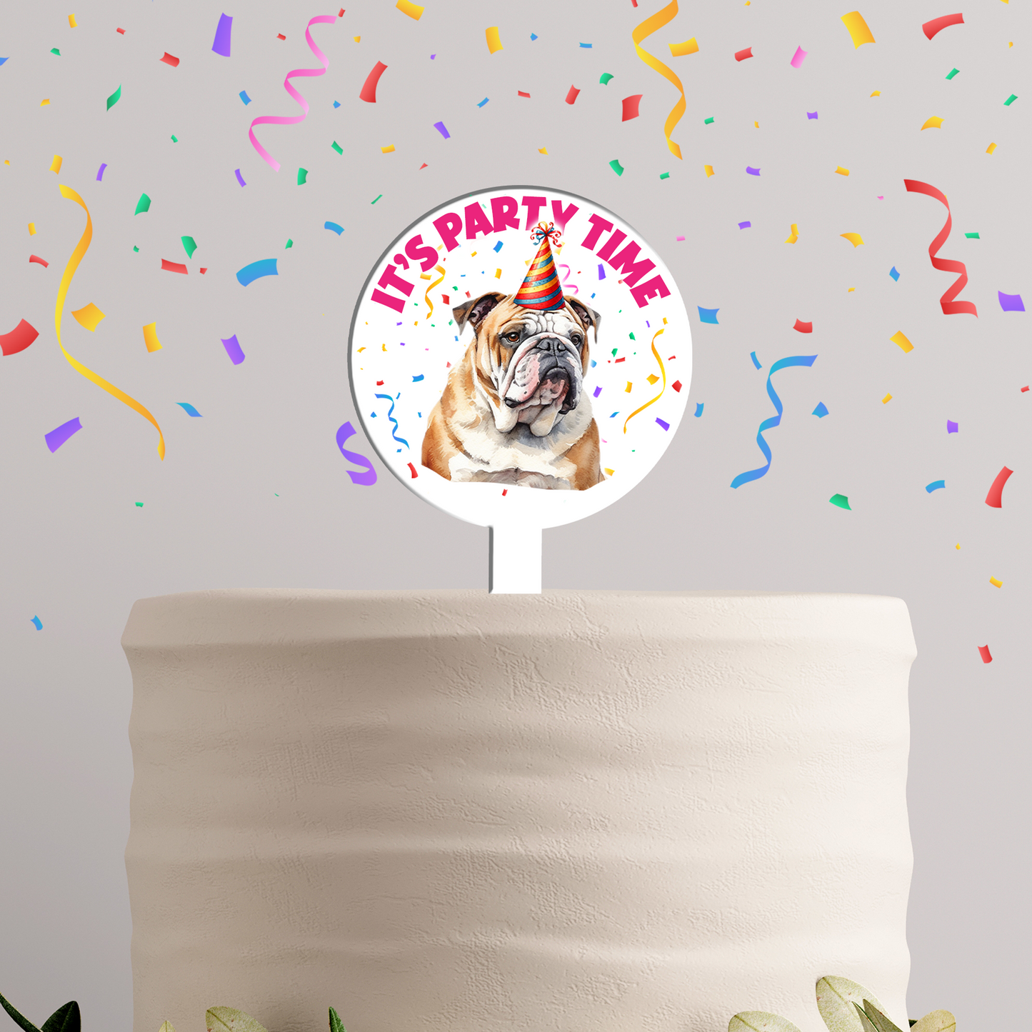 Personalised Dog Party Hat Cake Topper - Bulldog