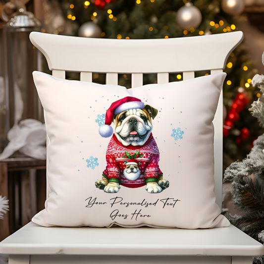 Personalised Bulldog Dog Christmas jumper Cushion Cover Gift